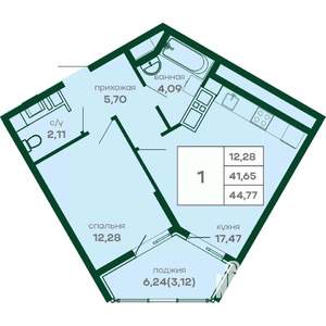 1-к квартира, вторичка, 45м2, 12/16 этаж