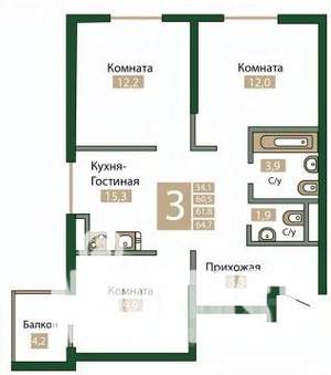 3-к квартира, вторичка, 65м2, 4/12 этаж