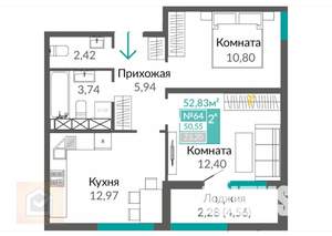 2-к квартира, вторичка, 53м2, 8/16 этаж