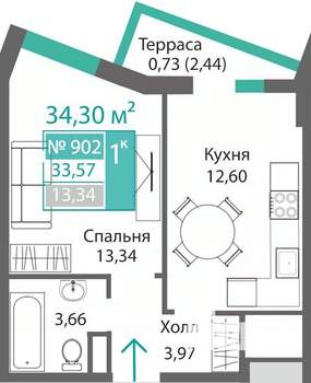 1-к квартира, строящийся дом, 34м2, 9/9 этаж