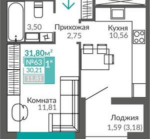 1-к квартира, вторичка, 30м2, 9/9 этаж