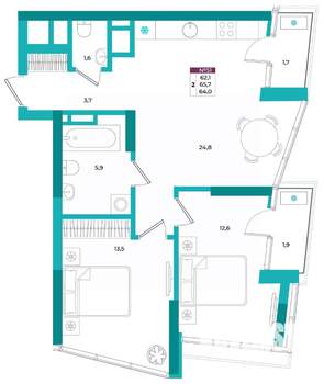 2-к квартира, вторичка, 64м2, 9/24 этаж