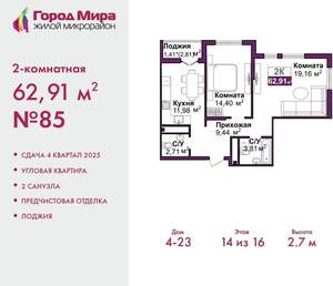 2-к квартира, вторичка, 63м2, 6/16 этаж