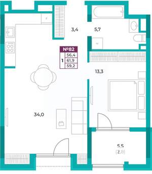 1-к квартира, вторичка, 59м2, 11/20 этаж
