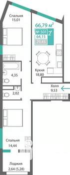2-к квартира, строящийся дом, 67м2, 5/9 этаж