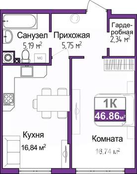 1-к квартира, вторичка, 47м2, 1/9 этаж