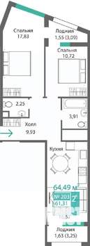 2-к квартира, строящийся дом, 65м2, 2/9 этаж