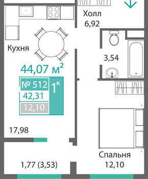 1-к квартира, вторичка, 42м2, 5/9 этаж