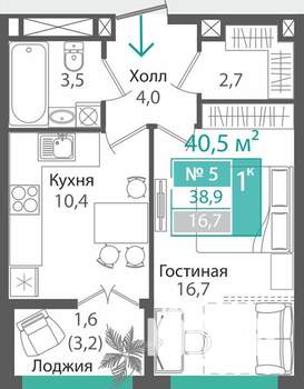 1-к квартира, строящийся дом, 39м2, 6/16 этаж