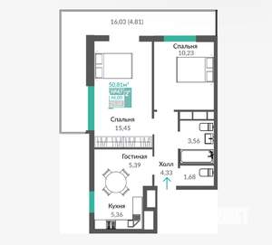 2-к квартира, вторичка, 51м2, 7/16 этаж
