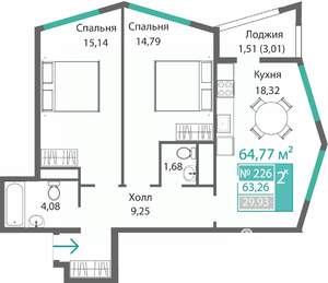2-к квартира, строящийся дом, 65м2, 2/9 этаж