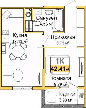 1-к квартира, вторичка, 40м2, 7/9 этаж