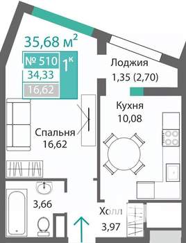 1-к квартира, строящийся дом, 36м2, 4/9 этаж