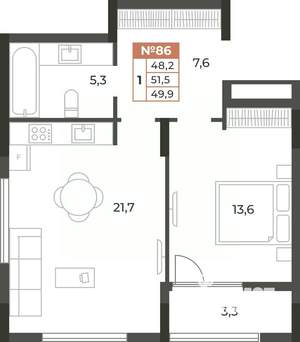 1-к квартира, вторичка, 50м2, 2/8 этаж