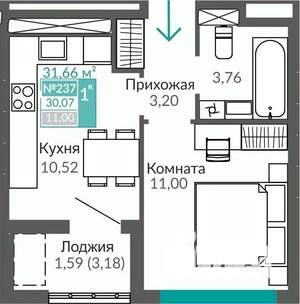 1-к квартира, строящийся дом, 30м2, 8/9 этаж