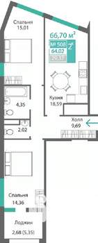 2-к квартира, строящийся дом, 67м2, 4/9 этаж