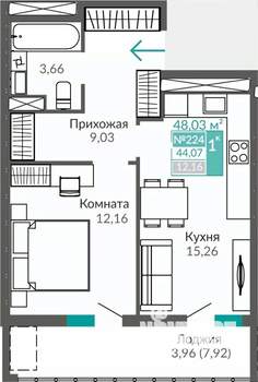 1-к квартира, строящийся дом, 44м2, 6/9 этаж