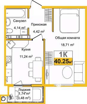 1-к квартира, вторичка, 40м2, 7/16 этаж