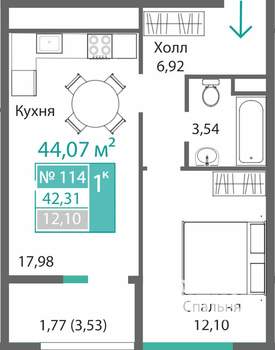 1-к квартира, строящийся дом, 42м2, 1/9 этаж