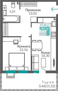 1-к квартира, строящийся дом, 49м2, 1/9 этаж