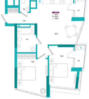 2-к квартира, вторичка, 64м2, 15/24 этаж