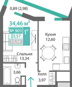 1-к квартира, вторичка, 34м2, 9/9 этаж