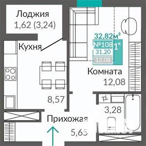 1-к квартира, строящийся дом, 31м2, 8/9 этаж