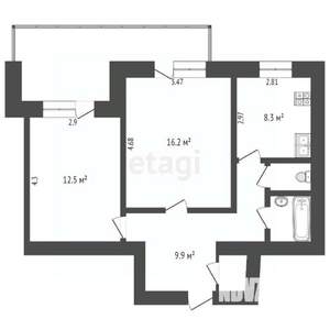 2-к квартира, вторичка, 55м2, 2/9 этаж