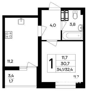 1-к квартира, строящийся дом, 34м2, 6/9 этаж