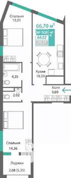 2-к квартира, строящийся дом, 67м2, 6/9 этаж