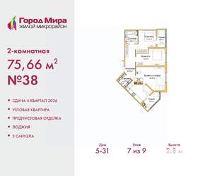 2-к квартира, вторичка, 76м2, 7/9 этаж