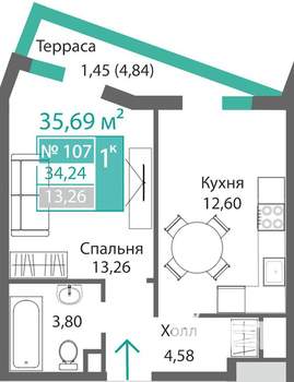 1-к квартира, строящийся дом, 36м2, 1/9 этаж