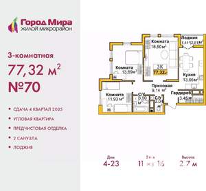 3-к квартира, вторичка, 77м2, 8/16 этаж