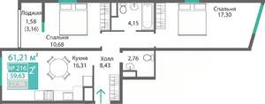 2-к квартира, строящийся дом, 61м2, 2/9 этаж