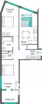 2-к квартира, строящийся дом, 67м2, 4/9 этаж