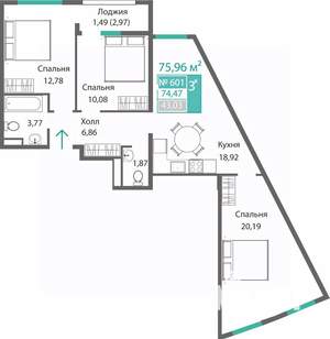 3-к квартира, строящийся дом, 76м2, 6/9 этаж