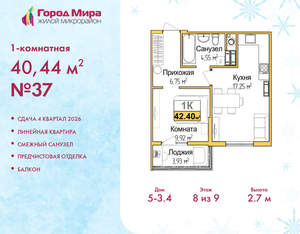 1-к квартира, вторичка, 40м2, 8/9 этаж