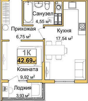 1-к квартира, вторичка, 41м2, 6/9 этаж