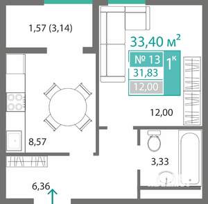 1-к квартира, строящийся дом, 32м2, 2/7 этаж