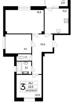 3-к квартира, вторичка, 67м2, 4/9 этаж
