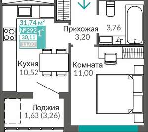 1-к квартира, вторичка, 30м2, 7/9 этаж