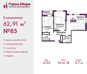 2-к квартира, вторичка, 63м2, 14/16 этаж