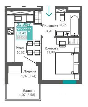 1-к квартира, вторичка, 31м2, 7/9 этаж