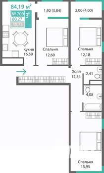 3-к квартира, строящийся дом, 80м2, 7/9 этаж
