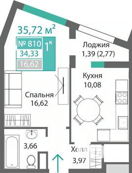 1-к квартира, строящийся дом, 36м2, 8/9 этаж