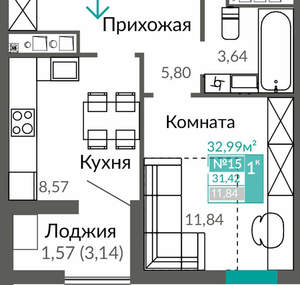 1-к квартира, вторичка, 31м2, 3/9 этаж