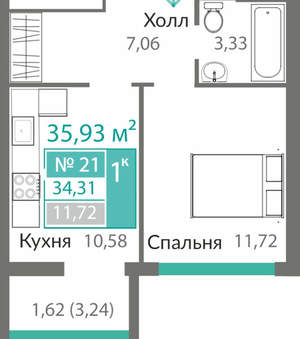 1-к квартира, вторичка, 34м2, 4/9 этаж