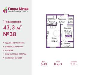 1-к квартира, вторичка, 43м2, 8/9 этаж