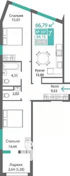 2-к квартира, строящийся дом, 67м2, 4/9 этаж