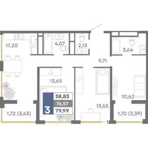3-к квартира, вторичка, 80м2, 13/16 этаж